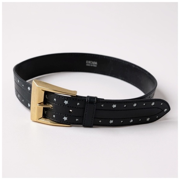 Escada Women’s Navy Leather Belt w/ White Stars & Silver Buckle. 33” x 1.5” - Picture 6 of 13